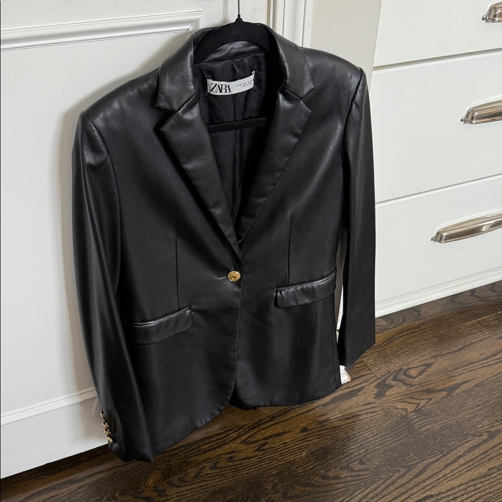 Zara black ladies faux leather blazer - gold buttons